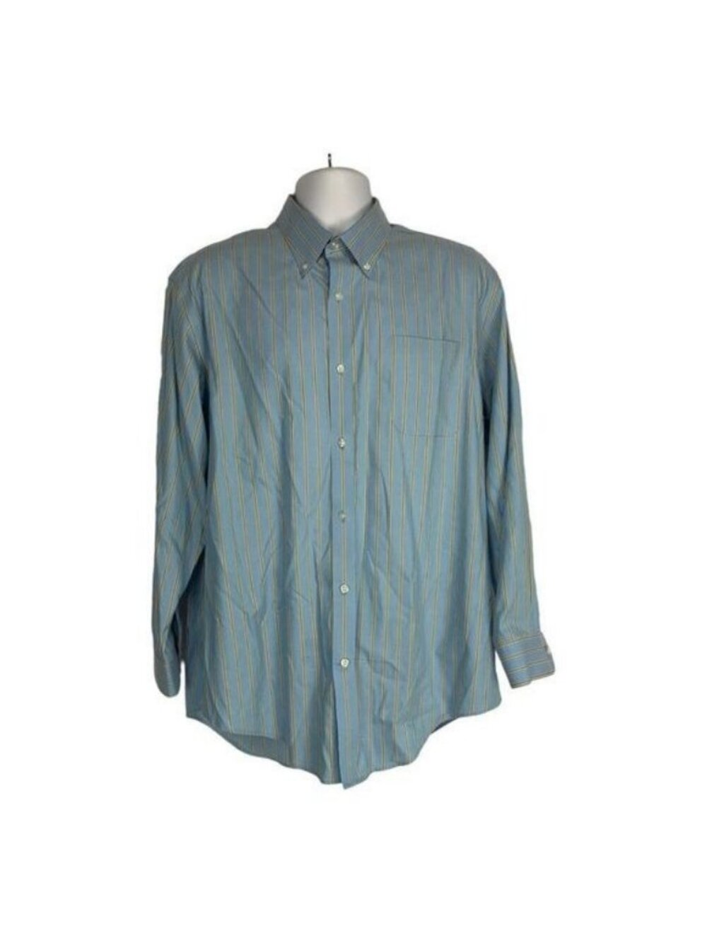 Lands End Mens 17-33 Tailored Fit Blue Yellow Striped No Iron Button Shirt